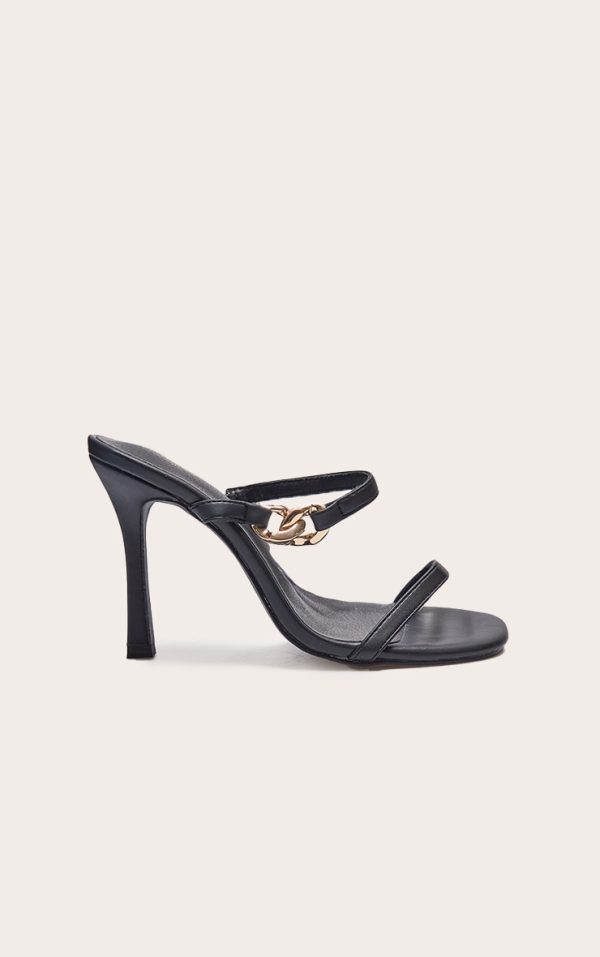Wide Fit Black Pu Square Toe Linked Buckle Heeled Mules