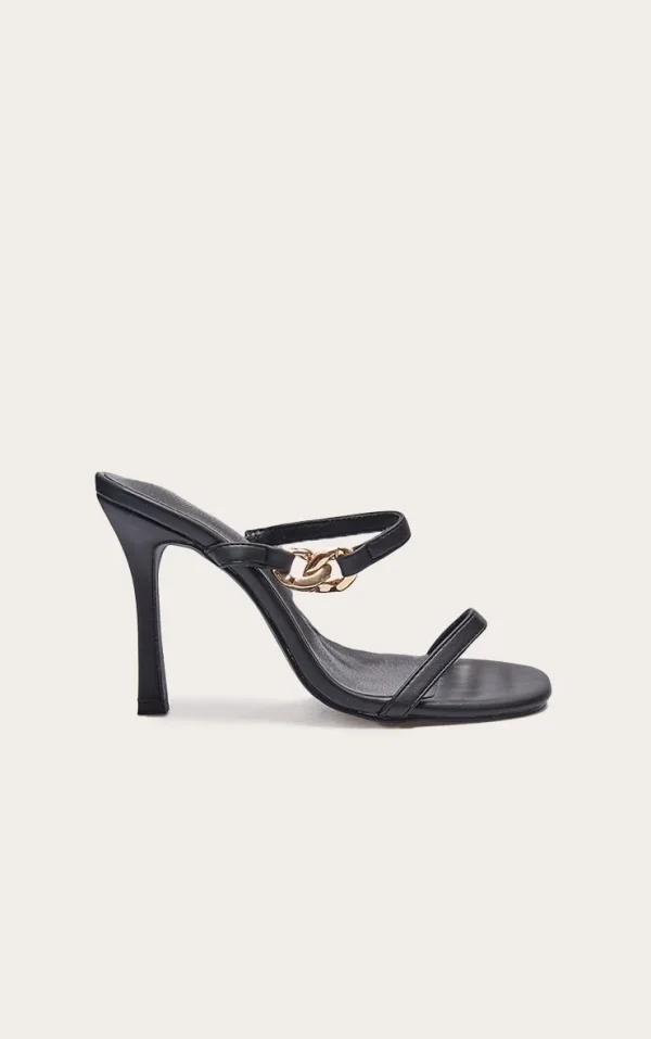 Wide Fit Black Pu Square Toe Linked Buckle Heeled Mules