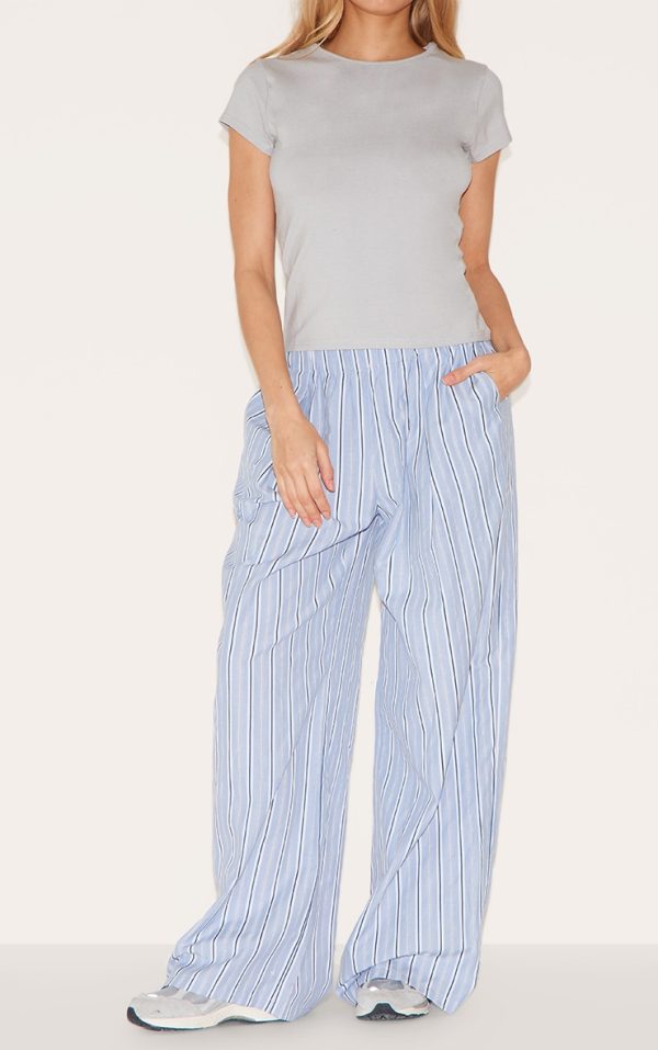 Blue Pinstripe Elasticated Waist Wide Leg Pants