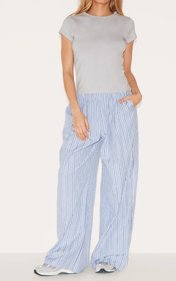 Blue Pinstripe Elasticated Waist Wide Leg Pants