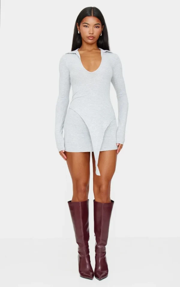 Grey Marl Jersey Collared Bodycon Dress