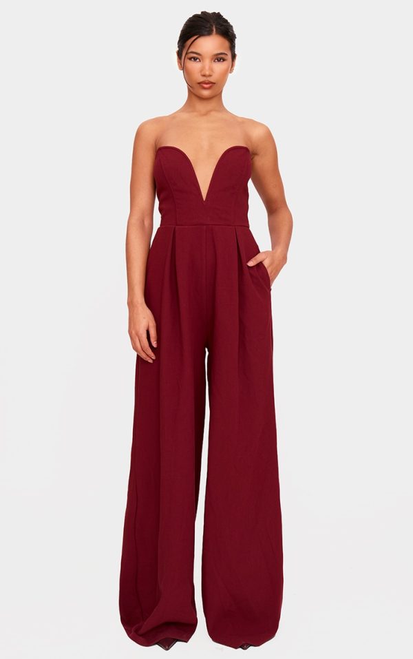 PLT Label Burgundy Plunge Wide Leg Jumpsuit