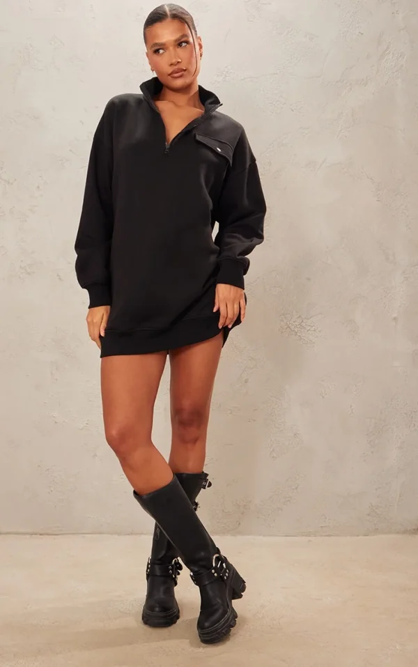 Black Half Zip Pocket Detail Sweater Dress