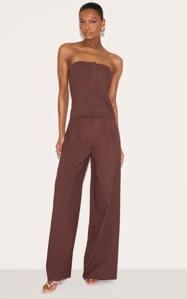 Chocolate Linen Blend Tailored Bandeau Wide Leg Jumpsuit