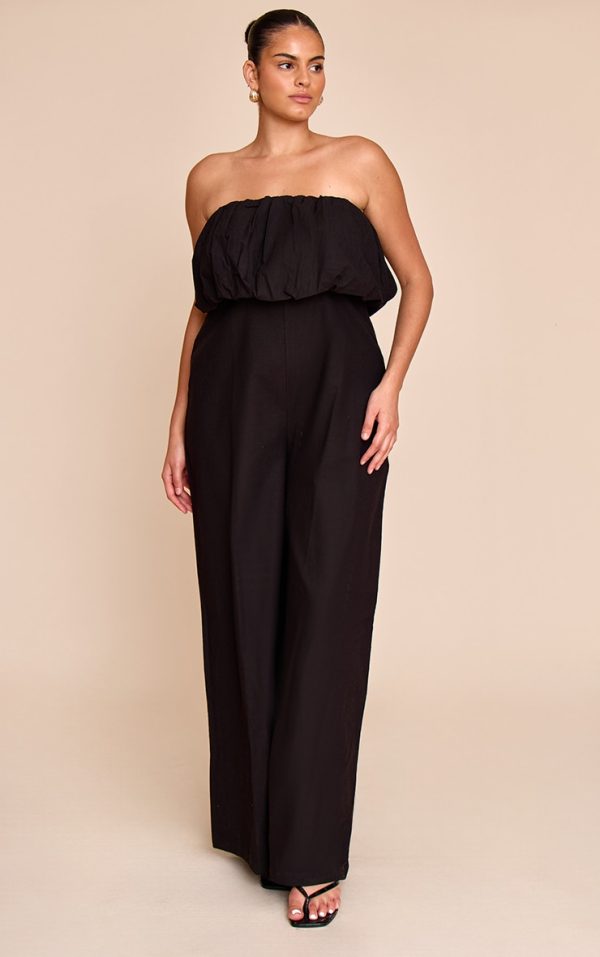 Plus Black Textured Puffball Bandeau Straight Leg Jumpsuit