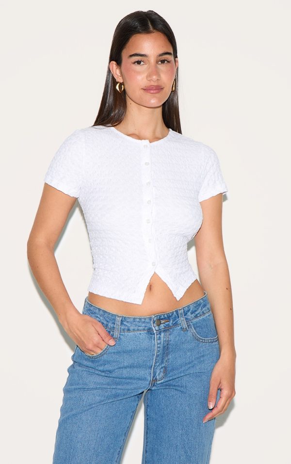 White Textured Button Up Fitted Top