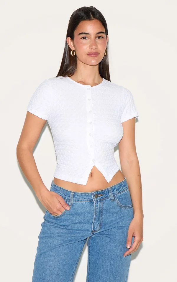 White Textured Button Up Fitted Top