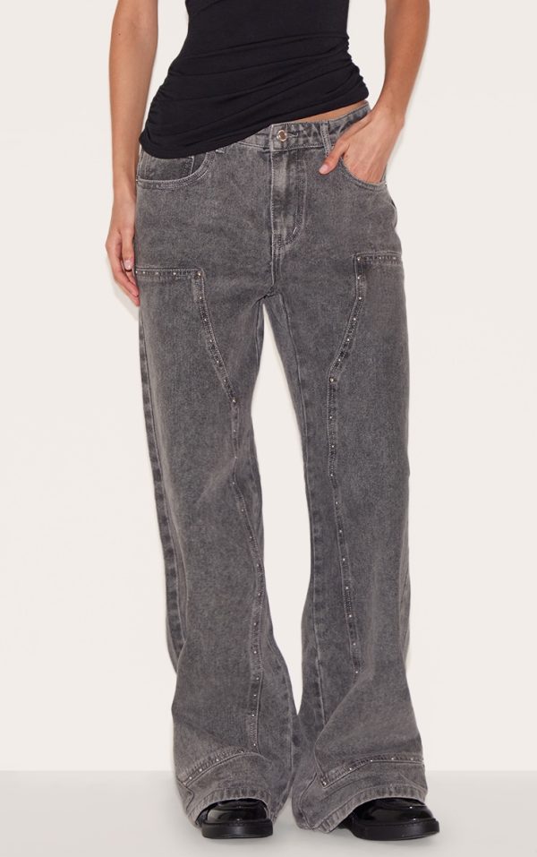 Grey Western Panel Stud Detail Wide Leg Jeans
