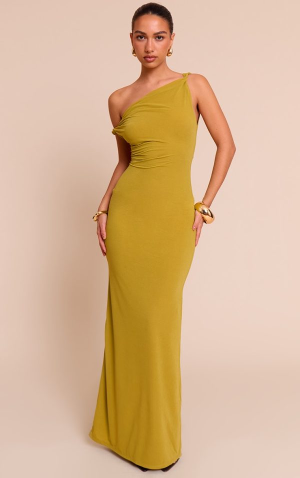 Olive Double Layered Chiffon Asymmetric Maxi Dress