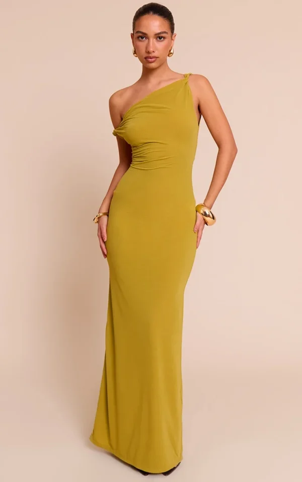 Olive Double Layered Chiffon Asymmetric Maxi Dress