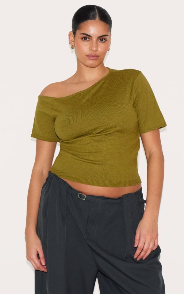 Plus Olive Basic Knit Asymmetric Neckline Top