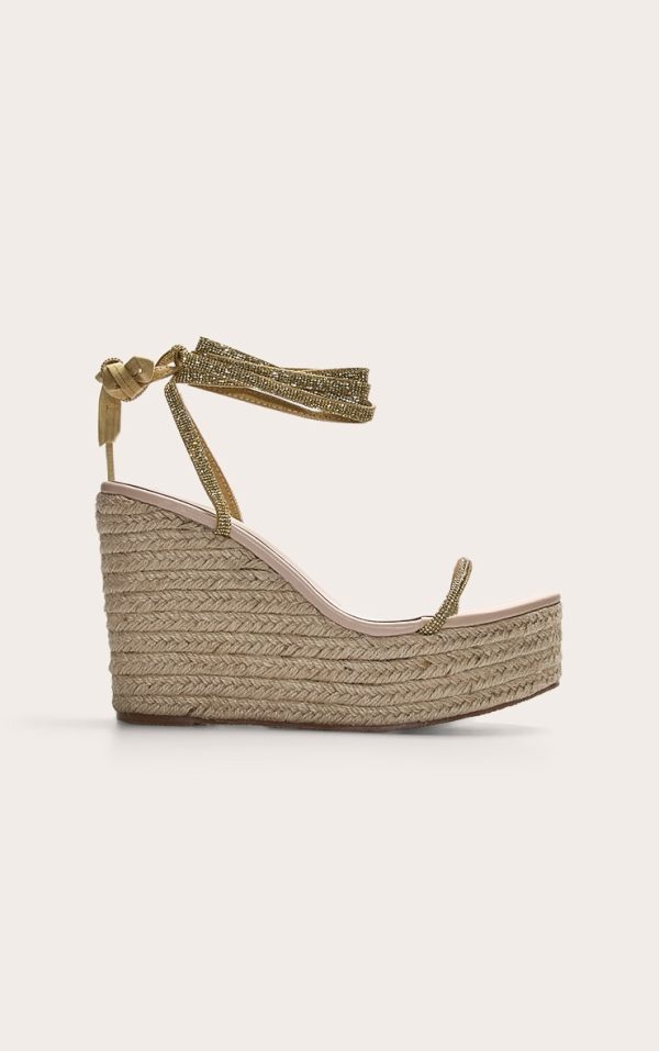 Gold Pu Round Toe Diamante Strappy Heeled Wedges
