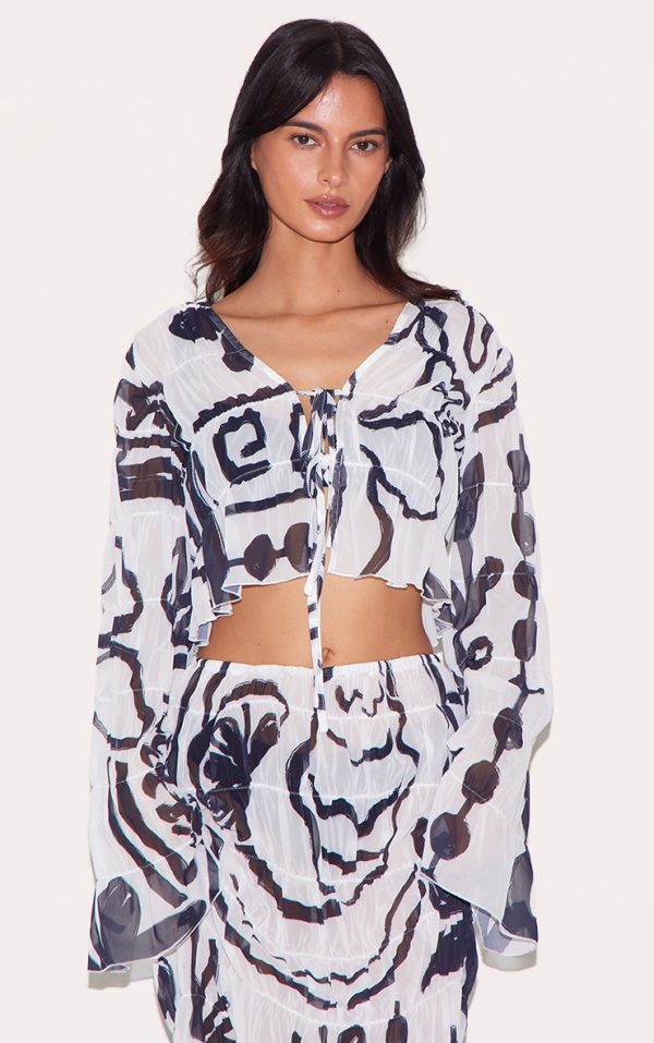 White Monochrome Chiffon Floral Tie Front Beach Top
