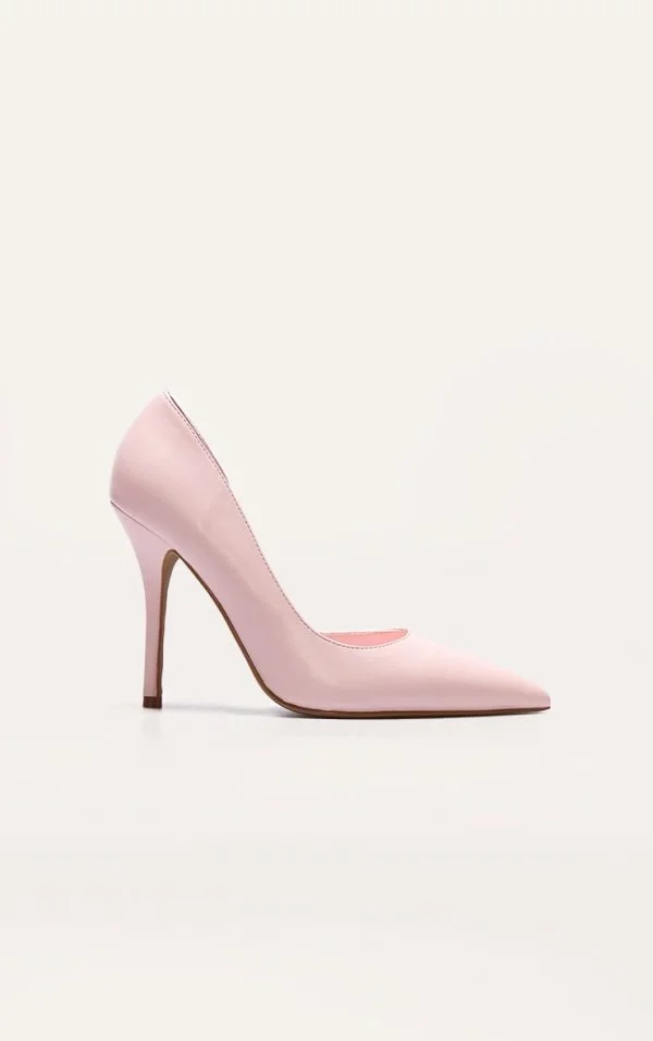 Baby Pink Pu Point Toe Curved Cut Out High Heel Courts