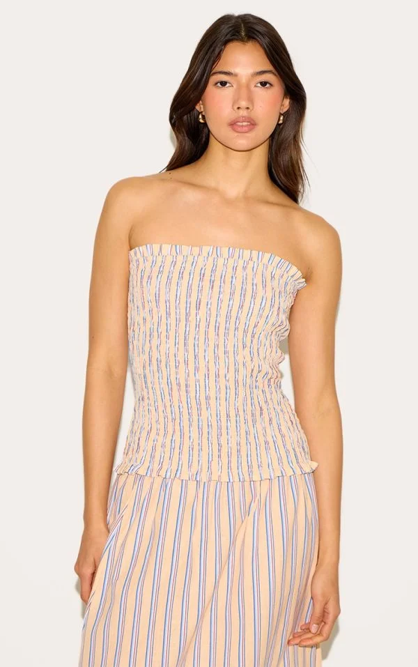 Orange Pinstripe Linen Look Shirred Bandeau Top