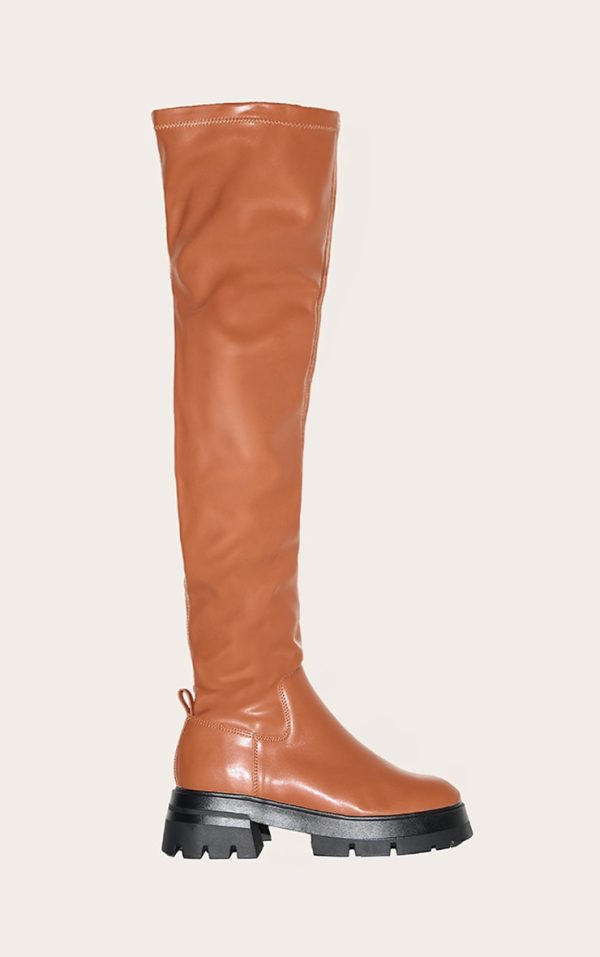 Brown PU Wide Fit Chunky Arched Sole Over The Knee Boots