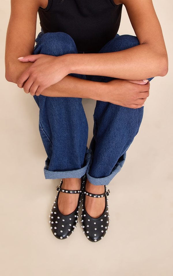 Black Leather Ballet Pump With Stud Detail
