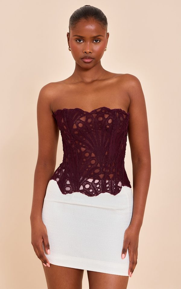 Dark Plum Textured Sheer Floral Lace Corset