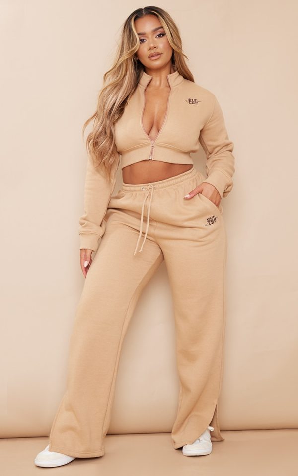 PRETTYLITTLETHING Shape Camel Embroidered High Waist Straight Leg Sweatpants