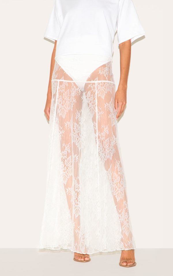 White Panties Insert Floral Lace Sheer Maxi Skirt