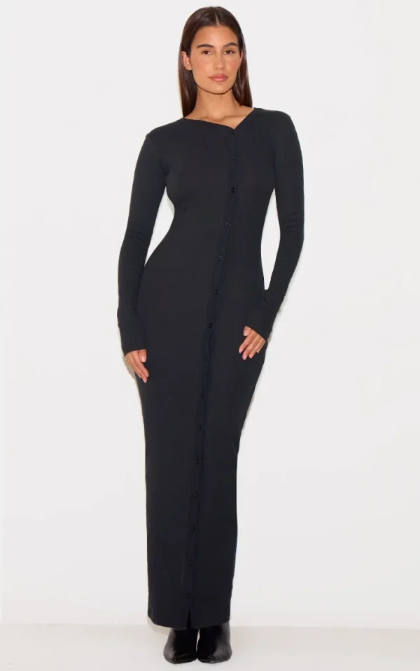 Black Button Detail Midaxi Dress
