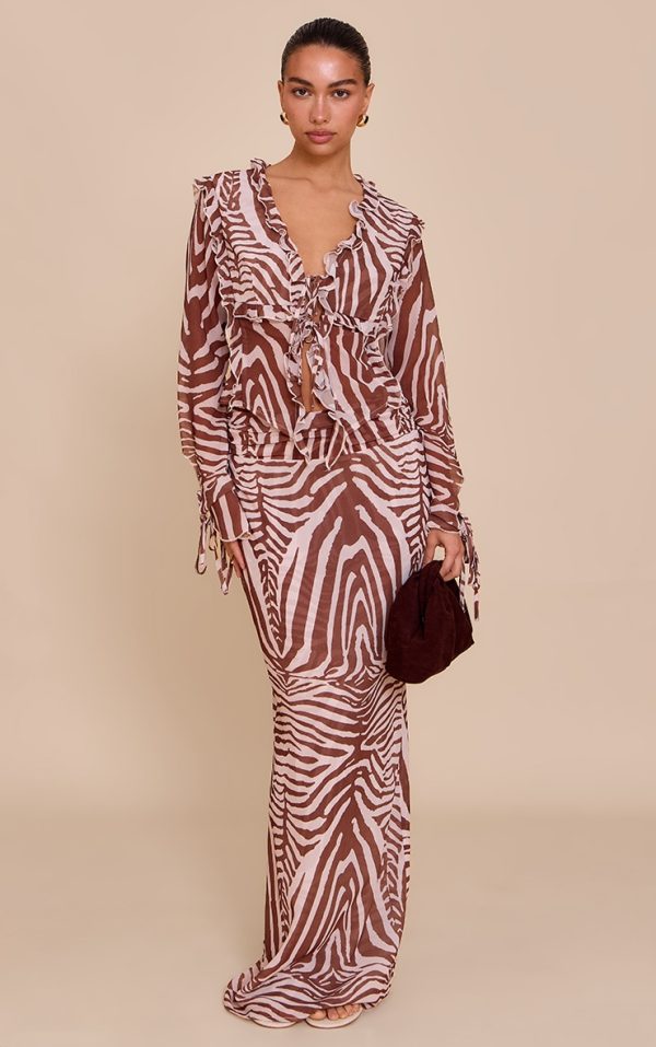 Brown Zebra Print Ruched Chiffon Maxi Skirt