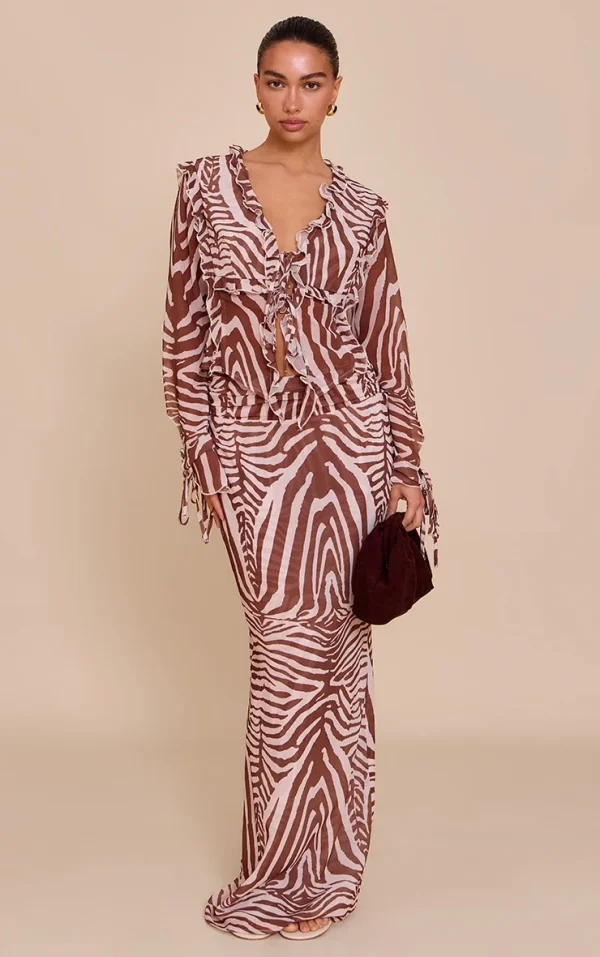 Brown Zebra Print Ruched Chiffon Maxi Skirt