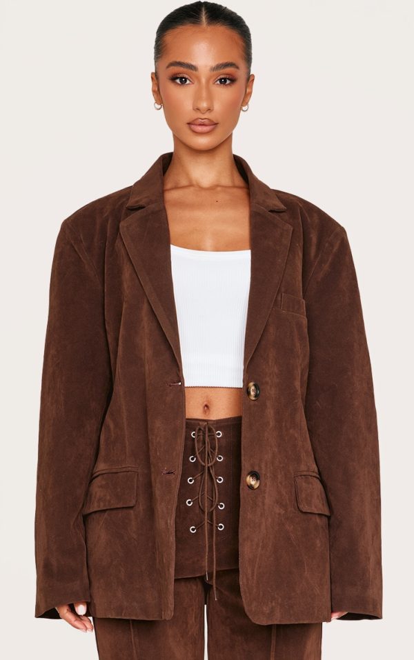 Petite Chocolate Faux Suede Longline Blazer