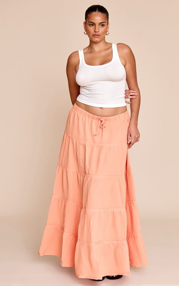 Plus Peach Cotton Tiered Drawstring Waist Maxi Skirt