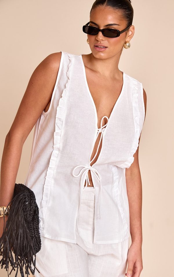 Plus White Sleeveless Tie Front Top