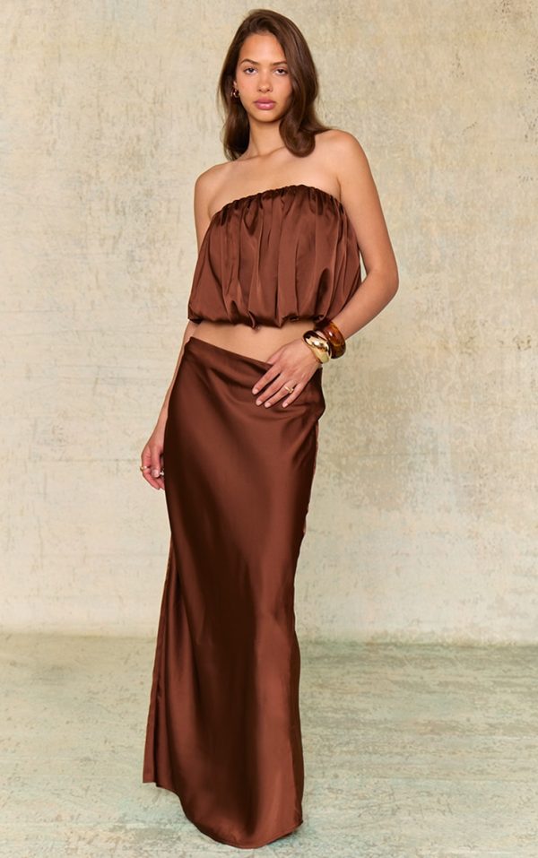 Chocolate Brown Satin Mid Rise Maxi Skirt