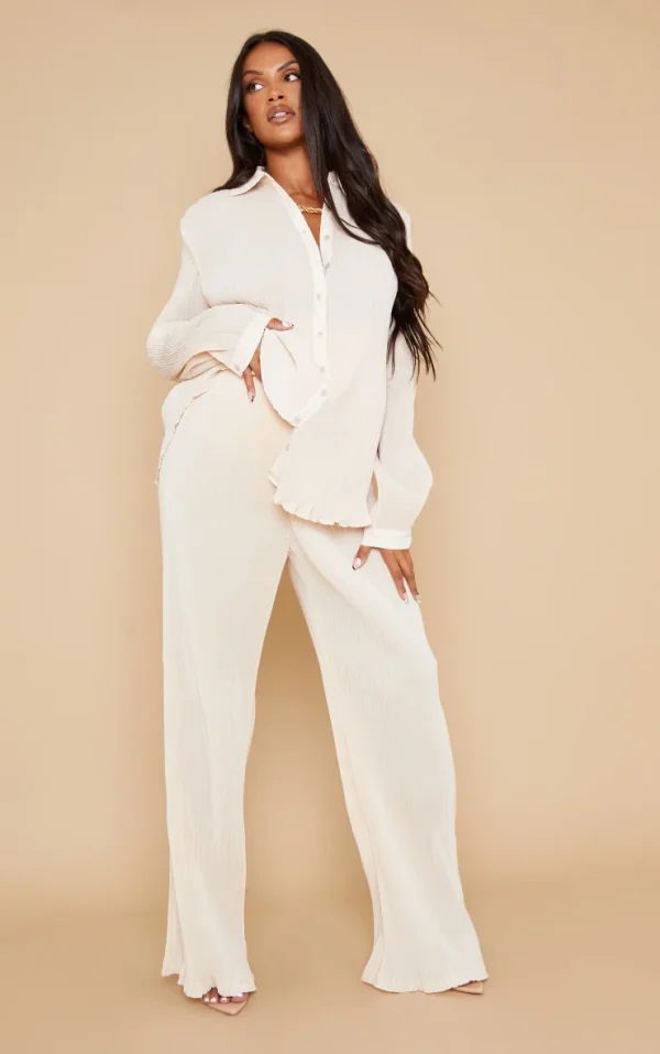 Maternity Cream Plisse High Waisted Wide Leg Pants