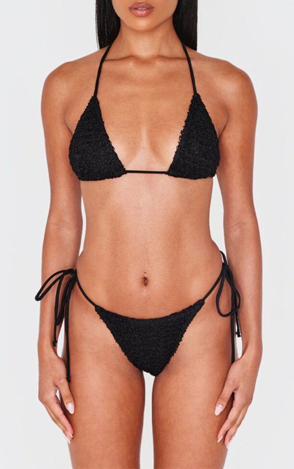 Black Tie Side Textured Bikini Bottoms