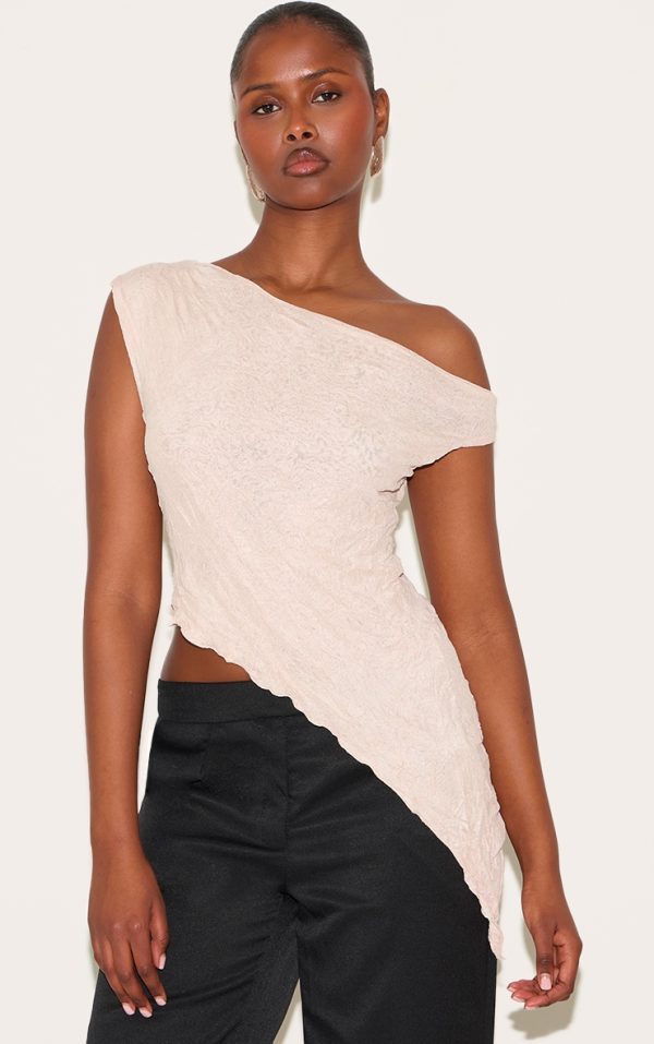 Almond Crinkle Mesh Asymmetric Neck Top