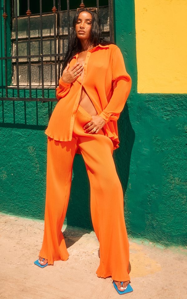 Bright Orange Plisse High Waisted Wide Leg Pants