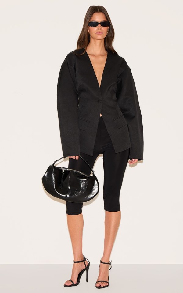 Black Cocoon Sleeve Cinched Waist Pocket Blazer