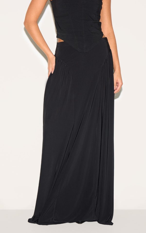 Petite Black Slinky Drop Waist Ruched Panel Maxi Skirt