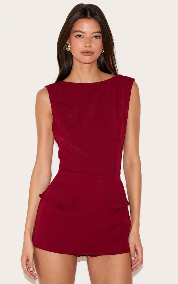 Burgundy Woven Pocket Detail Sleeveless Skort Romper