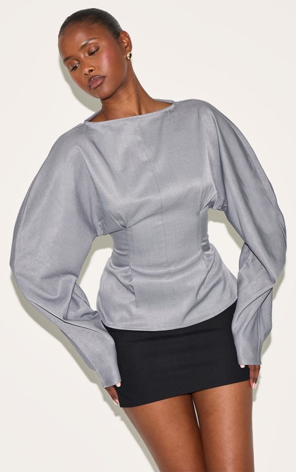 Grey Woven Boatneck Fitted Blouse