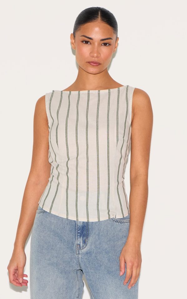 Petite White Woven Pinstripe Boatneck Top