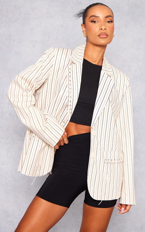 Cream Pinstripe Eyelet Detail Oversized Blazer