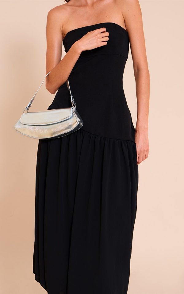 Silver Crinkle Pu Slim Curved Shoulder Bag