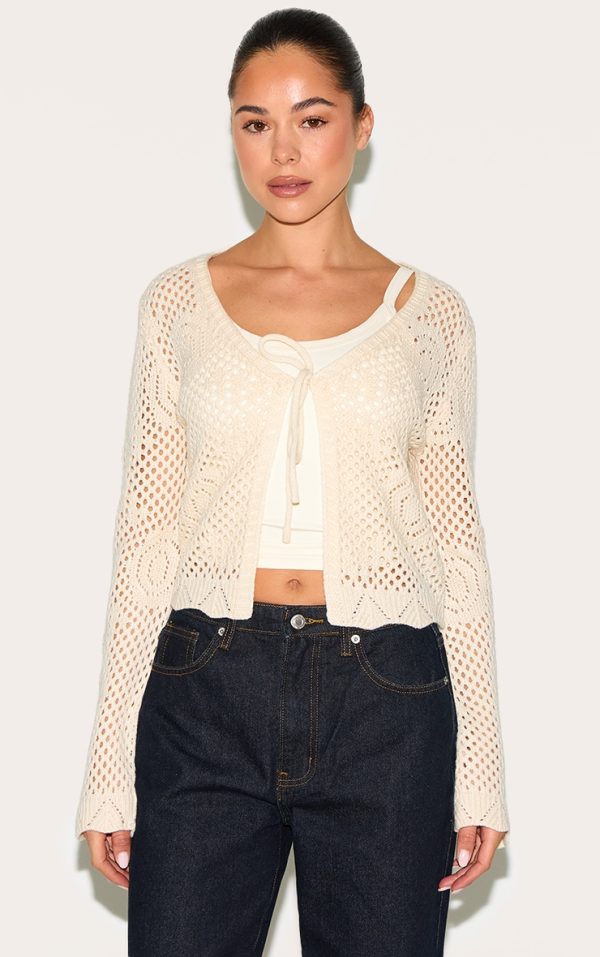 Oatmeal Crochet Tie Front Cardigan