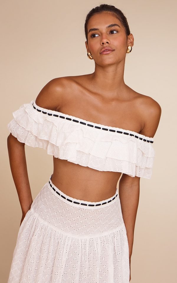 White Broderie Frill Lace Bardot Top