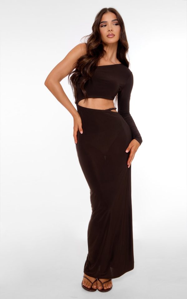 Chocolate Double Layer Soft Touch One Sleeve Cut Out Dress