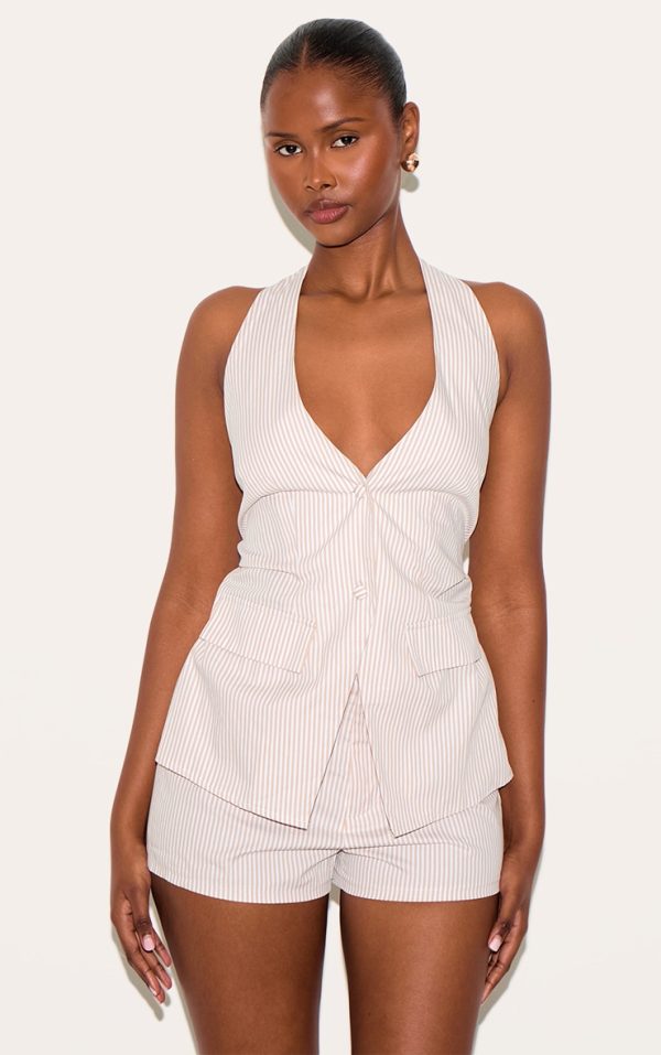 Stone Pinstripe Halter Vest Tailored Romper