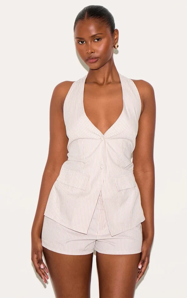 Stone Pinstripe Halter Vest Tailored Romper