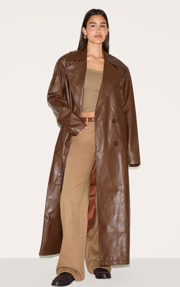 Chocolate Brown Oversized Faux Leather Maxi Trench