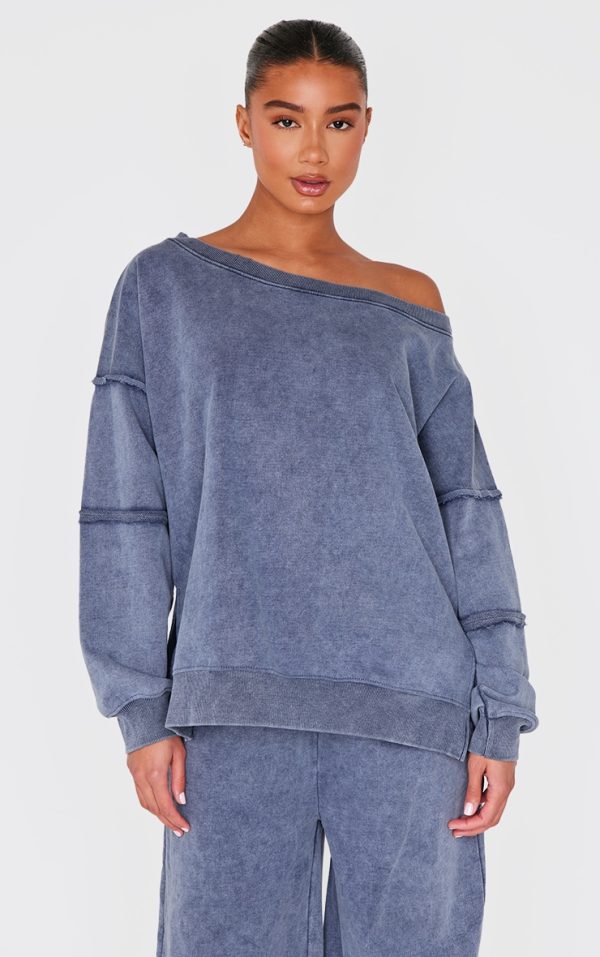 Blue Grey Washed Off The Shoulder Frayed Seam Detail Sweatshirt
