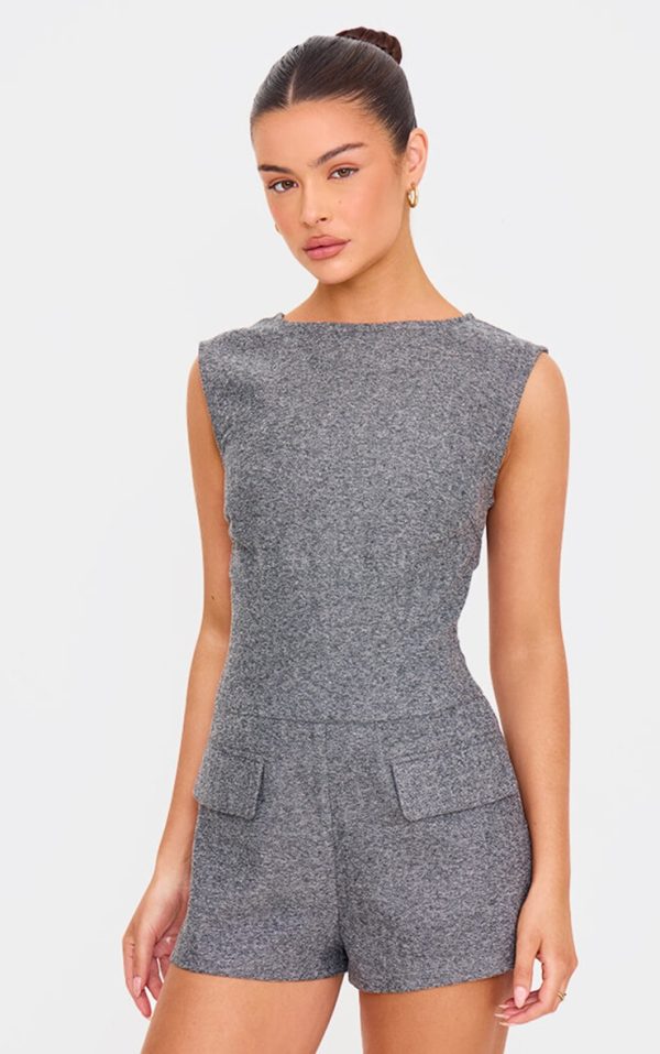 Grey Tweed Sleeveless Pocket Detail Romper